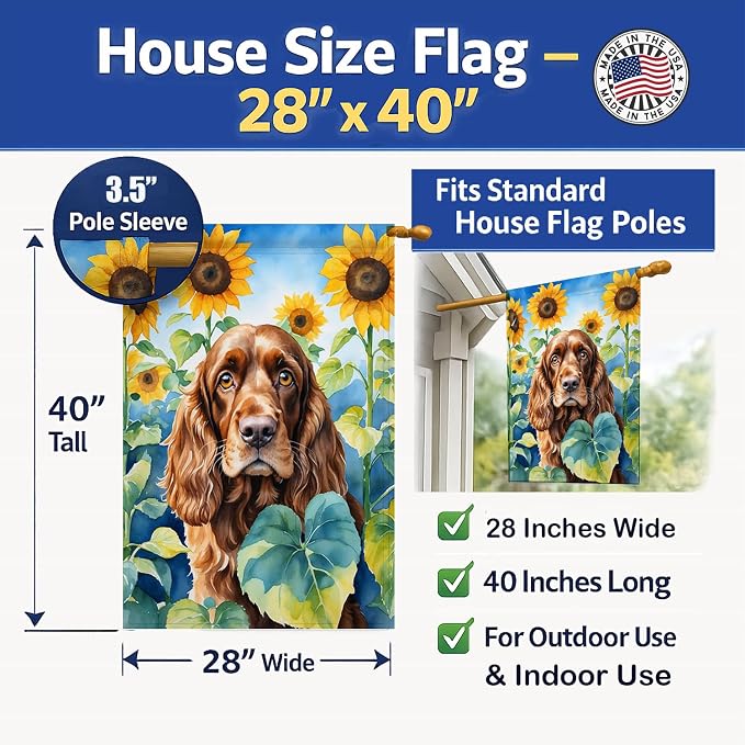 Caroline's Treasures DAC6073CHF English Cocker Spaniel in Sunflowers House Flag Large Porch Sleeve Pole Decorative Outside Yard Banner Artwork Wall Hanging, Polyester, House Size, Multicolor