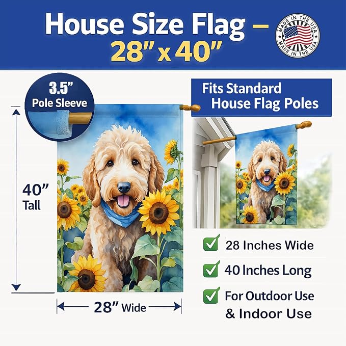 Caroline's Treasures DAC6089CHF Goldendoodle in Sunflowers House Flag Large Porch Sleeve Pole Decorative Outside Yard Banner Artwork Wall Hanging, Polyester, House Size, Multicolor