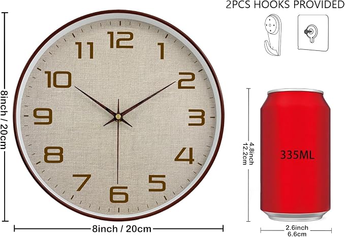 Woodgrain Wall Clock, Silent Non-Ticking Wall Clocks Battery Operated 8 Inch, Linen Texture Large Easy-to-Read Numbers Modern Analog Clock for Bedroom Living Room Kitchen Office Gym, Brown