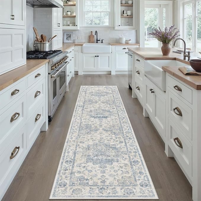 2x8 Blue Neutral Runner Rug | Washable, Non Slip, Soft Low Pile, Vintage Farmhouse, for Hallway Kitchen Laundry Bathroom Bedroom Living Room Home Decor