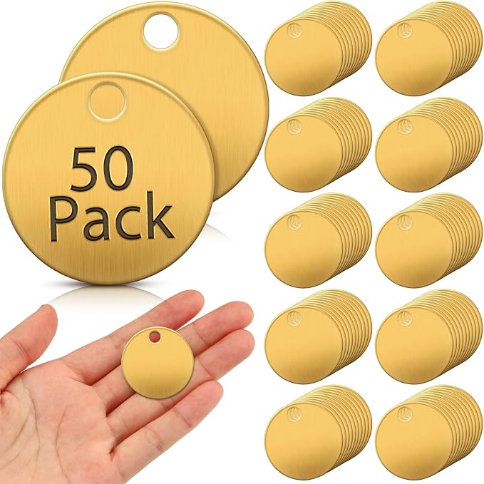 Hicarer 50 Pcs Solid Tags for Stamping Round Key Tags Blanks with Hole for Pets Plants Doors Pipe Valves Equipment Tool and Keys Labeling (Brass,1.25 Inch)