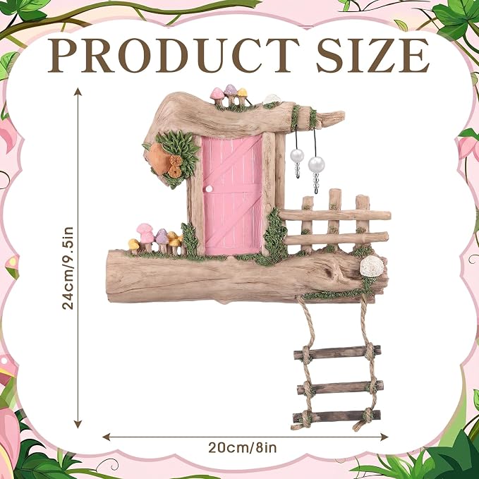 Sliner Fairy Door for Trees Outdoor Resin Fairy Garden Door Accessories with Pearl & Crystal Hanging Accents Miniature Gnome House for Garden Wall Outdoor Decorations Tree Trunk (Pink)