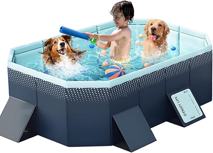 Large Foldable Swimming Kiddie Pool 83"x 55"x 22",Hard Plastic Square Pool for Kids & Dogs, Reinforced Sidewalls for Backyard Use (Blue,83")