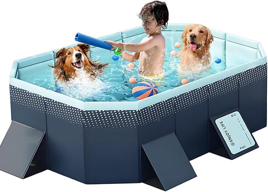 Large Foldable Swimming Kiddie Pool 83"x 55"x 22",Hard Plastic Square Pool for Kids & Dogs, Reinforced Sidewalls for Backyard Use (Blue,83")