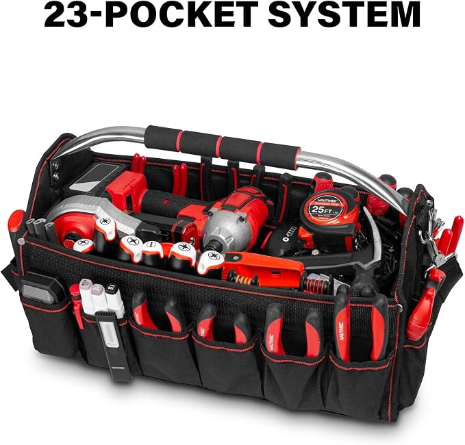 HAUTMEC 18" Foldable Tool Tote, Open Top Tool Bag with Removable Divider & Stiff Frame, 23-Pockets Electrician Tool Bag with Padded Steel Handle, Shoulder Strap & Water-Resistant Hard Base – HT0020