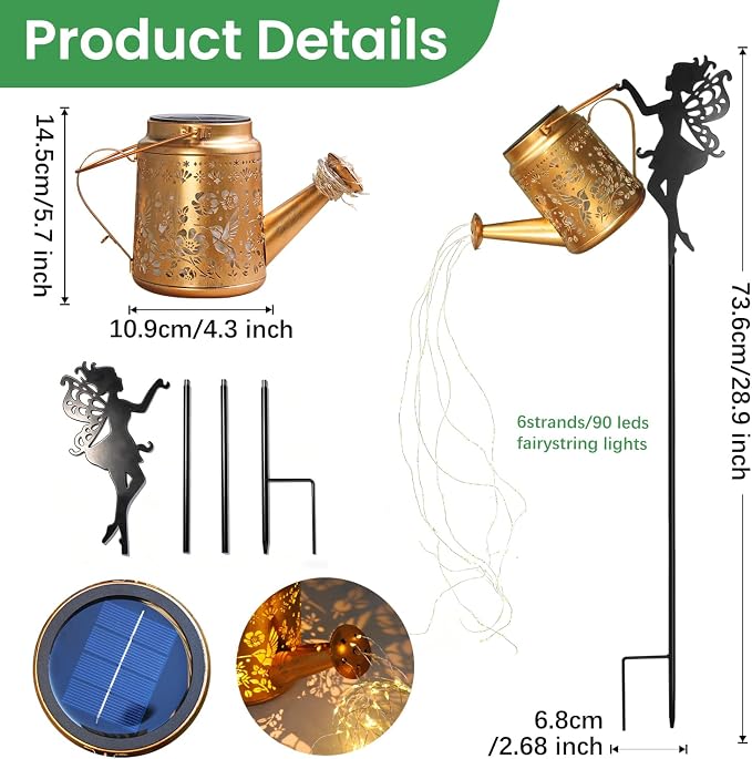2 Pack Solar Fairy Watering Can Lights Outdoor, Waterproof Solar Hanging Lantern with Cascading Lights for Garden Yard Patio Lawn Pathway, Hummingbird Gardening Gifts for Women Mom Grandma Birthday