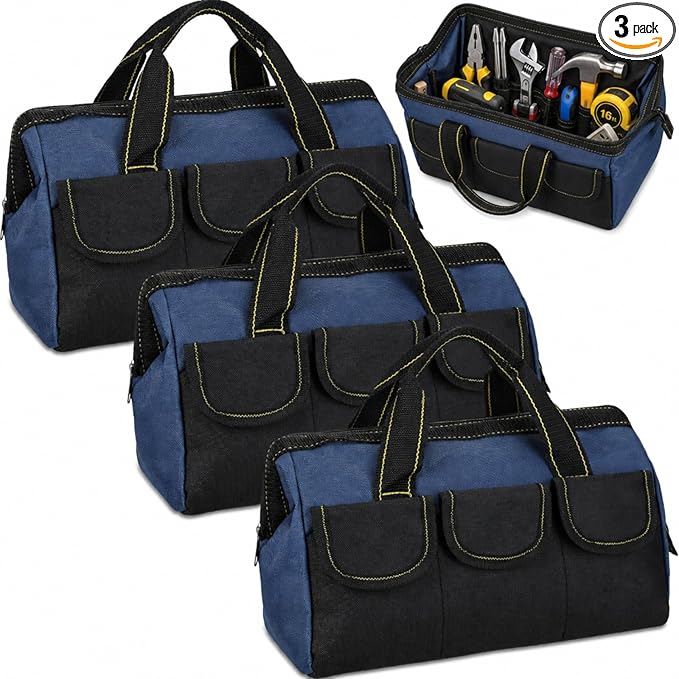 Sanwuta 3 Pack Tool Bag for Men with Waterproof Hard Bottom, Heavy Duty Tool Bag Wide Mouth Tote for Various Instrument, Electrician Carpenter Mechanic(Blue,13 Inch,Classic)