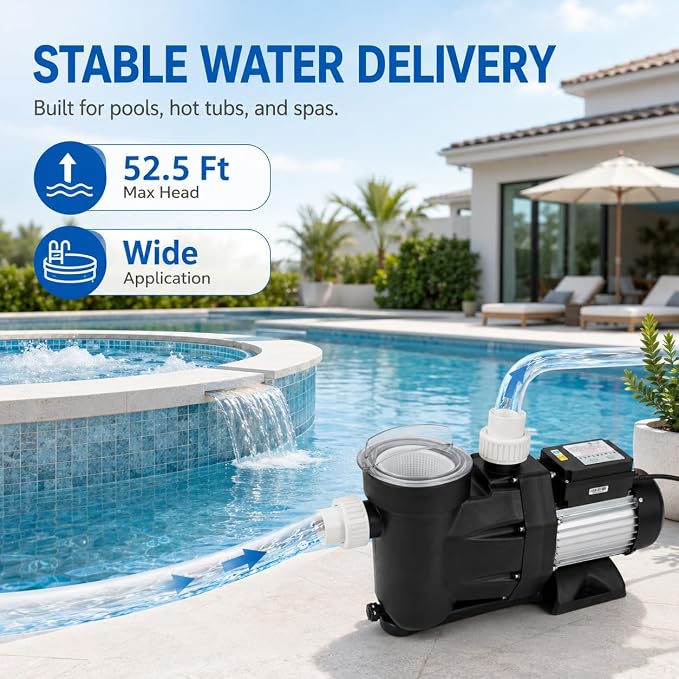 1.5 HP Pool Pump 110V/120V Above/In Ground Pool Pump | Self Priming, 105.7GPM, 2-24H Timer, 52.49ft Hmax, 422.68qt/min, Max. 122℉, Overheating Protection for Pools
