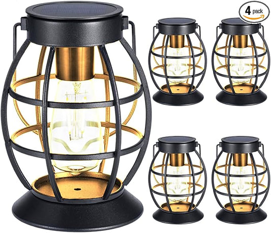LeiDrail Solar Lanterns Outdoor 4 Pack, Hanging Waterproof Metal Lantern Dual LED Warm White, Auto On/Off Garden Patio Yard Porch Pathway Table Decor, Solar Powered Gift for Women
