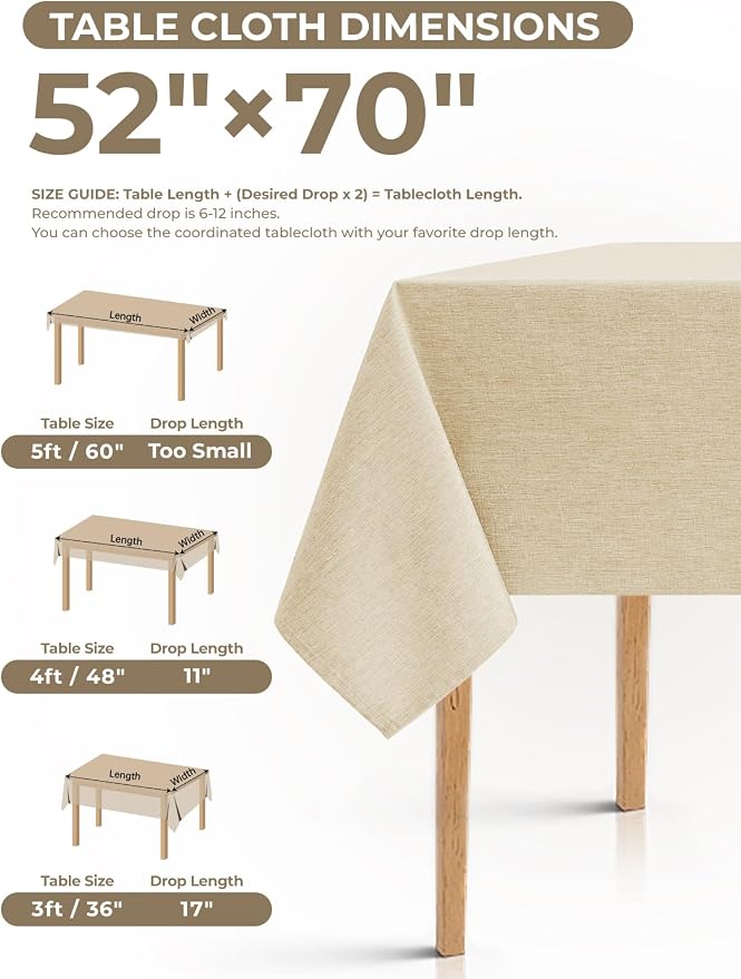 Decorelia Faux Linen Rectangle Tablecloth for Dining Room,Outdoor Coffee Wrinkle Resistant Washable Table Cloth Covers for Kitchen, Picnics, Party,(Oblong,52 x 70 Inch (4-6 Seats), Beige)