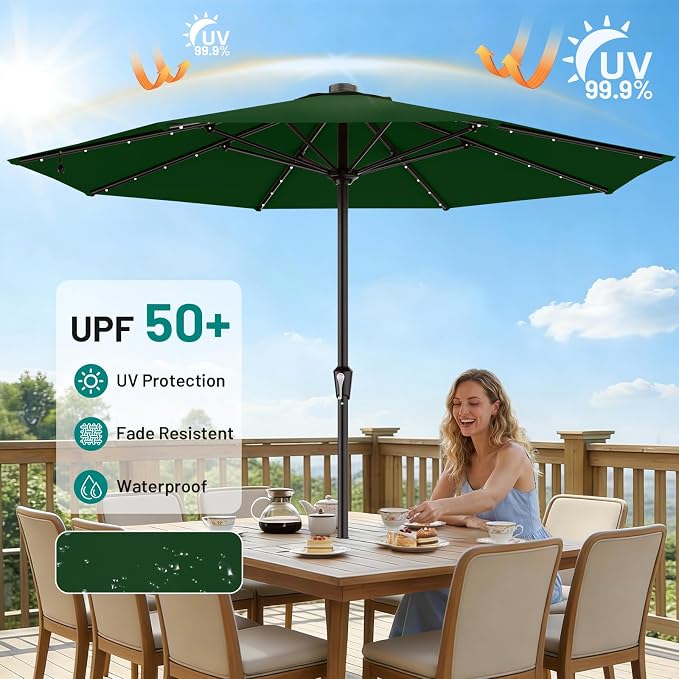 AreShark 11FT Large Patio Umbrella with Solar Lights, Lighted Solar Umbrella with Crank, Outdoor Table Market Umbrellas for Garden, Deck, Backyard, Pool and Beach, Dark Green