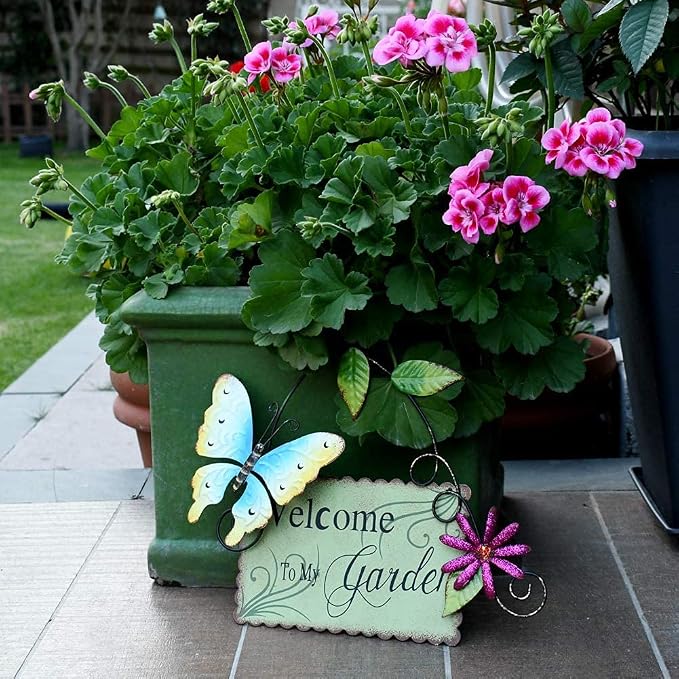 Linfevisi Metal Garden Welcome Sign Decor Rustic Hanging Plaque Decorative Garden Hanging Sign Welcome to My Garden Door Sign with Butterfly Daisy Outdoor Front Porch Yard 10 Inch (Green)
