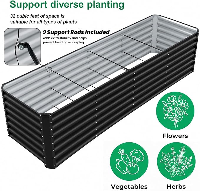 8x2x2FT Raised Garden Beds Outdoor, Planter Raised Beds for Gardening, Vegetables, Flowers,Large Metal Garden Box, Deep Plant Flower pots Outdoor (Black, 1Pack)