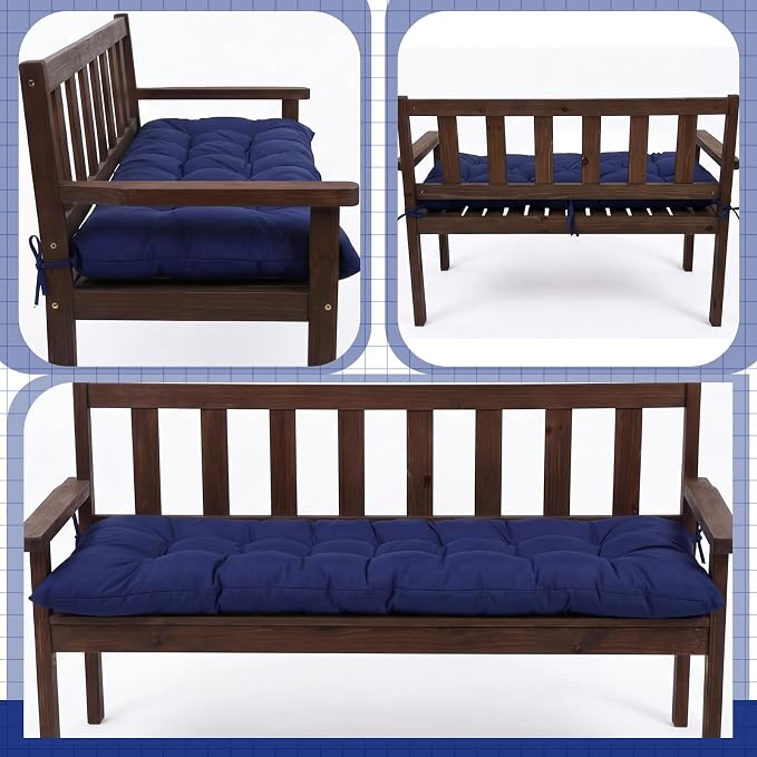 Wenqik Outdoor Bench Cushion 48 x 18 x 5 Inch Waterproof Patio Swing Cushion with Removable Zippered Cover Adjustable Ties Seat Pad for Porch Bench Garden Loveseat(Navy Blue, Grid Pattern)