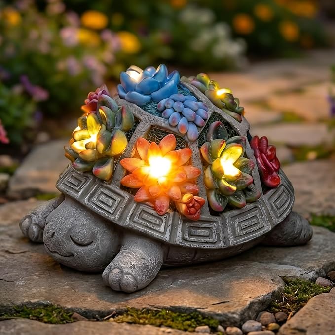 Solar Turtle Garden Outdoor Decor with Succulent & 7 LED Lights – Outside Tortoise Statue Decor for Yard Patio Balcony & Backyard - Home House Decoration Art - Gift for Men Dad Women Mom