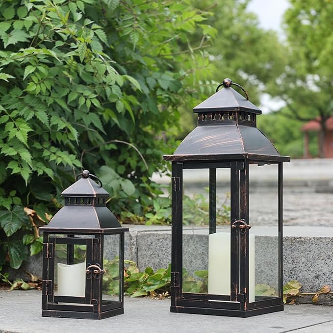 NEEDOMO Lanterns Decorative Outdoor&Indoor, Set of 2 Large Bronze Metal Lantern Decor with Glass, Candle Holder for Porch, Patio, Garden, Balcony, Wedding, Table Centerpiece Decor with LED Candles