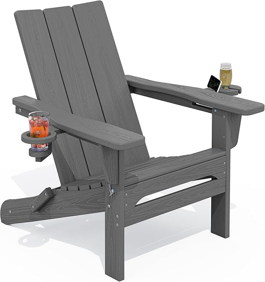 SERWALL Outdoor HDPE Modern Adirondack Chair，Folding Adirondack Chair with Cup Holders, All Weather Resistant Fire Pit Chair, Gray