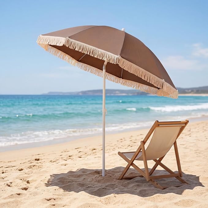 Tangkula 7FT Beach Umbrella with Fringe, Outdoor Boho Umbrella with Tassels, Push Button Tilt, Sand Anchor, 16 Ribs, Vintage Patio Umbrella with Carry Bag for Sand Deck Pool Garden Backyard (Tan)