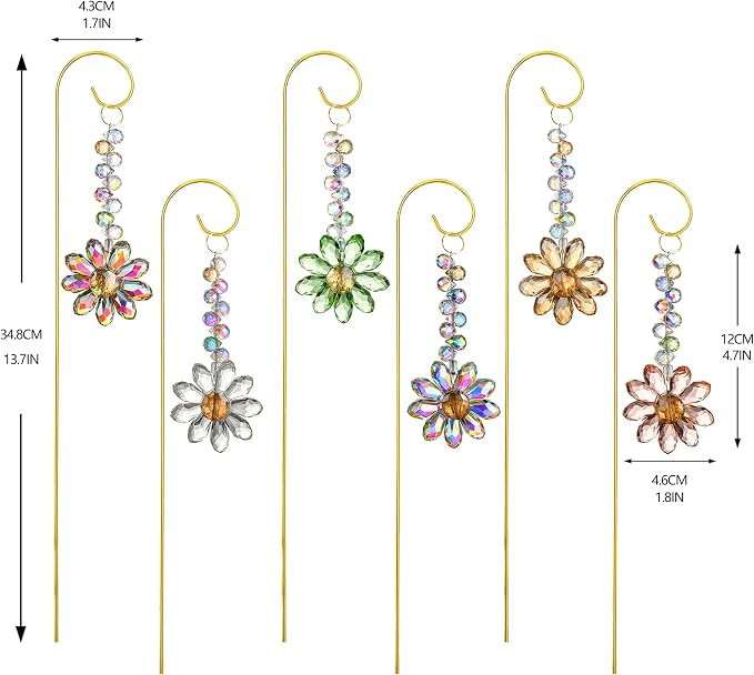 H&D HYALINE & DORA 6 Pcs Colorful Crystal Sunflower Suncatcher Plant Stake Plant Stake with Golden Small Trellis Indoor Outdoor Garden Sun Catchers Decor