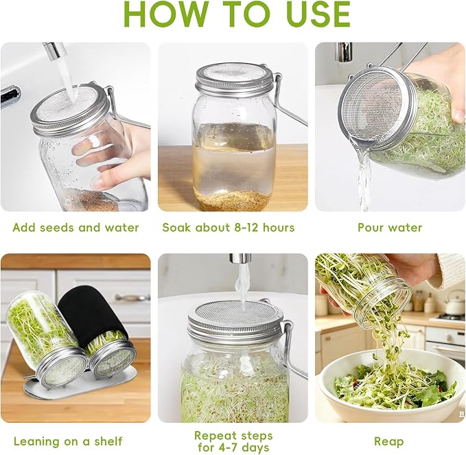 2Pack Sprouting Kit with Stainless Steel Screen Sprouting Lids, Glass Mason Jars, Light-Blocking Sleeves and Brush, Premium Reusable Sprouts Growing Kit for Organic Broccoli Alfalfa Seeds Bean Sprouts
