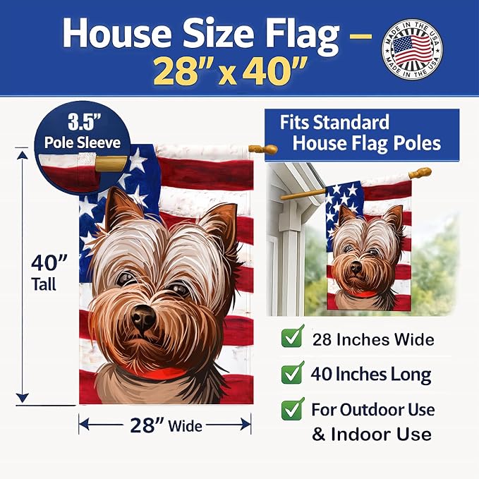 Caroline's Treasures CK6760CHF Yorkshire Terrier American Flag House Flag Large Porch Sleeve Pole Decorative Outside Yard Banner Artwork Wall Hanging, Polyester, House Size, Multicolor