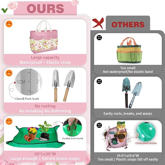 22PCS Garden Tools Set for Women,Birthday Gifts for Mom Wife Grandma,Heavy Duty Hand Tool Kit Gardening Supplies Included Handy Tote Bag/Trowel/Repotting Mat/Rake/Pruner/Gloves/Plant Tags -Pink