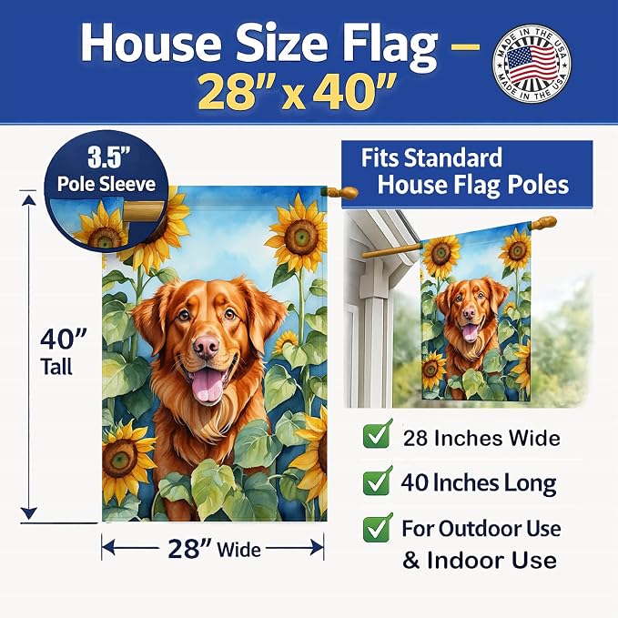Caroline's Treasures DAC6128CHF Nova Scotia Duck Toller in Sunflowers House Flag Large Porch Sleeve Pole Decorative Outside Yard Banner Artwork Wall Hanging, Polyester, House Size, Multicolor