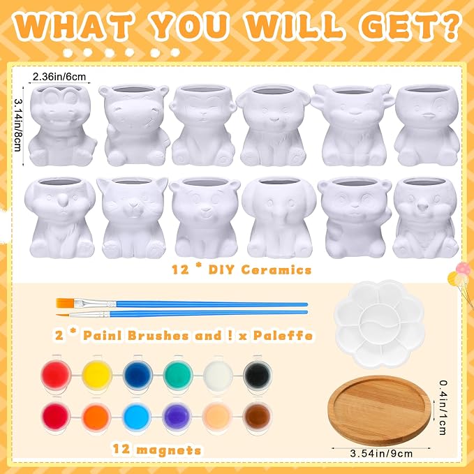 Hushee 12 Sets Ceramic Succulent Planters Paintable Succulent Plant Pots Small DIY Figurines Unpainted Pots with Drainage Hole Color Paints Paintbrushes Palettes