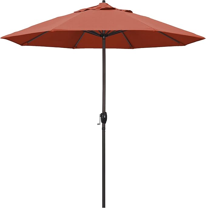 California Umbrella 9' Round Aluminum Outdoor Deck, Pool or Patio Umbrella, Crank Lift, Auto Tilt, Bronze Pole, Terracotta Olefin