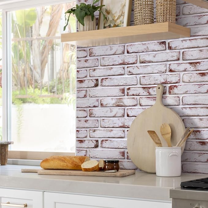 COMSTICKC 3D Faux Brick Wall Panel Red-Tinted White, Peel and Stick Wall Covering, 12 Pcs of 22.8" x 11.8", Not Real Brick, UrltraLight PVC Self Adhesive Wall Tile, Paintable, Covers 22.48 sq.ft
