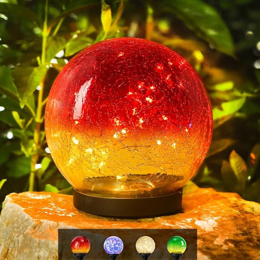 Outdoor Waterproof Solar Gradient Red Globe Lights, Led Solar Round Gazing Balls Ornaments for Lawn Garden Patio Table Art Decoration, Back Yard Landscape Illuminated Cracked Glass Sphere Light Orbs