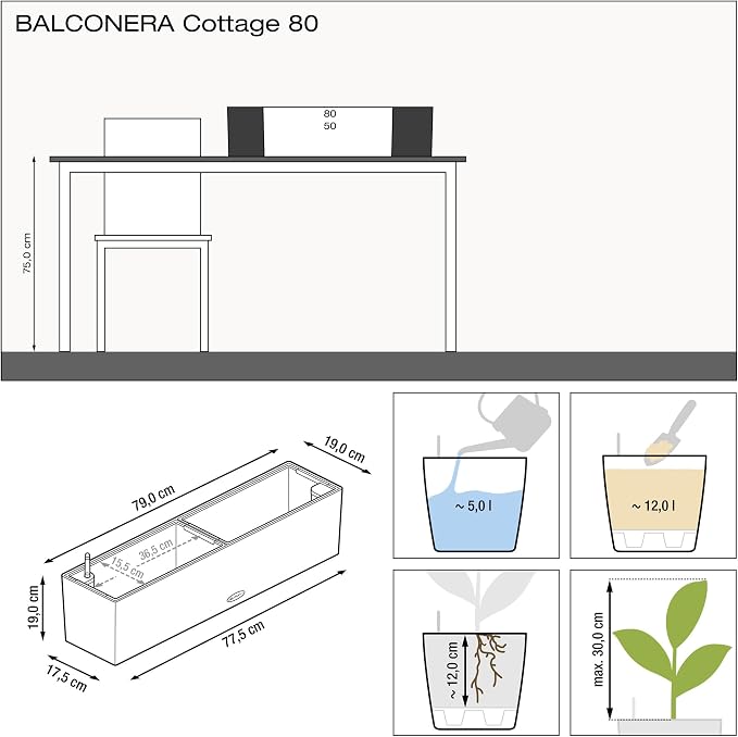 Lechuza BALCONERA Cottage 80 White, Self-Watering Window Box (Railing Planter), H7.5 L31.5 W7.5 in