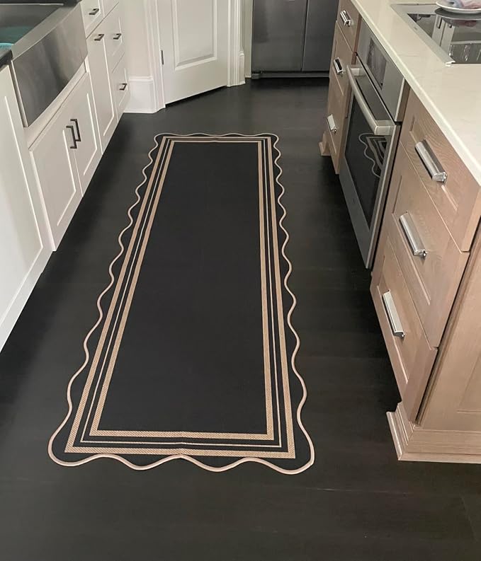 Scalloped 2.6x8 Kitchen Runner Rug, Washable Rugs for Entryway Non Slip Outdoor Indoor Black Long Rug, Farmhouse Morden Carpet for Hallway Bedroom