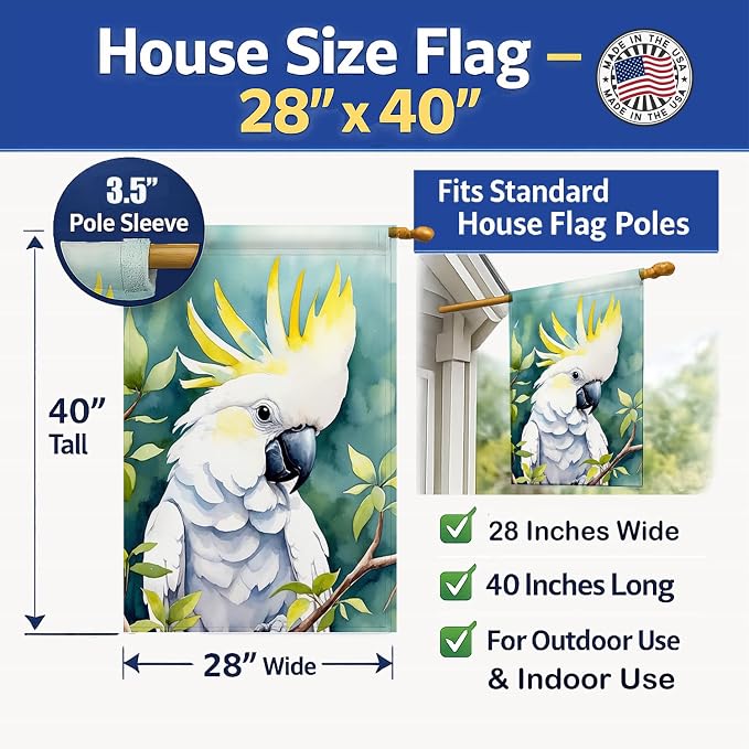 Caroline's Treasures Sulphurcrested Cockatoo House Flag Large Porch Sleeve Pole Decorative Outside Yard Banner Artwork Wall Hanging, Polyester, House Size, Multicolor