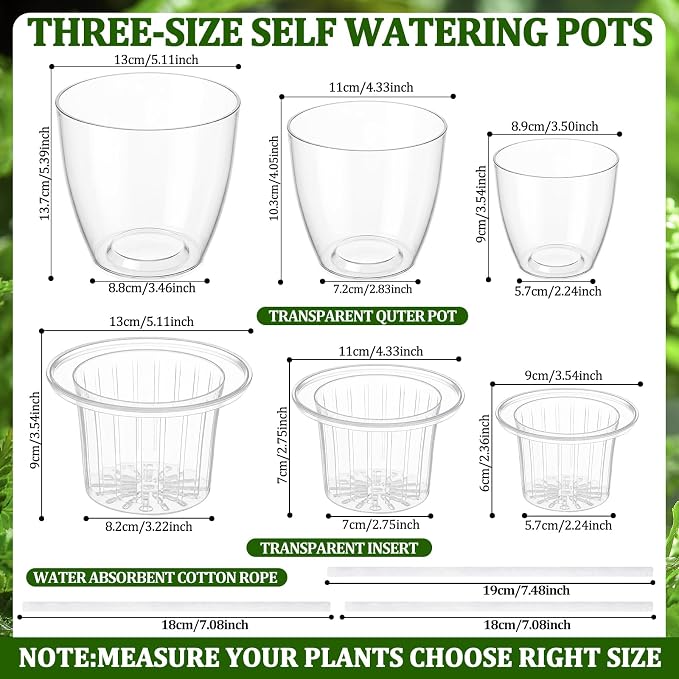 24 Pcs Self Watering Pots, 3.5/4.3/5.1'' Plastic Flower Plant Pot with Inner Pot Self Watering Wick Planter Clear Flower Pots for Indoor House Plants Herb Flowers Succulents (Transparent)