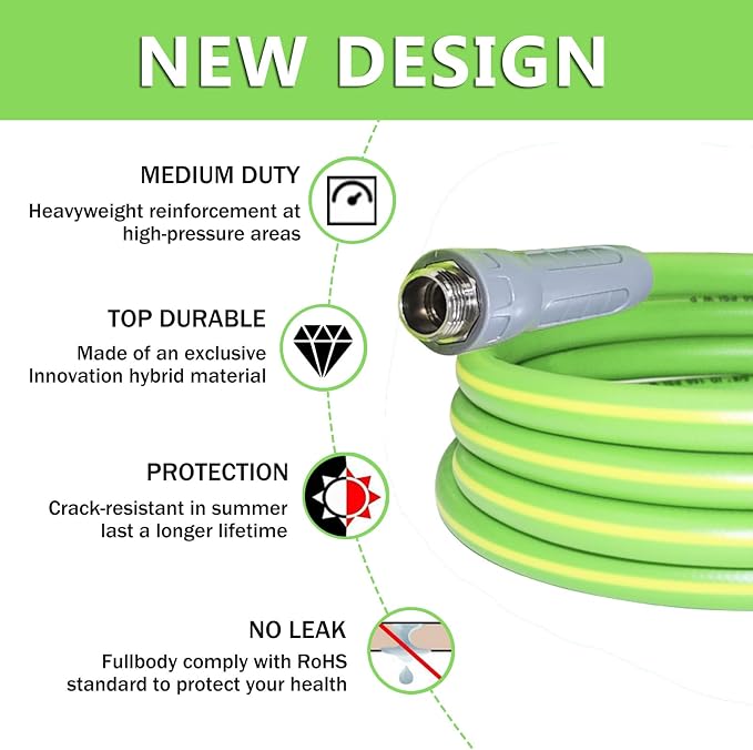 HQMPC Garden Hose 5/8"IDx30' Hose Durable PVC Non Kinking Heavy Water Hose with Brass Hose Fittings Hybrid Lightweight Hose (30 FEET) Light Green