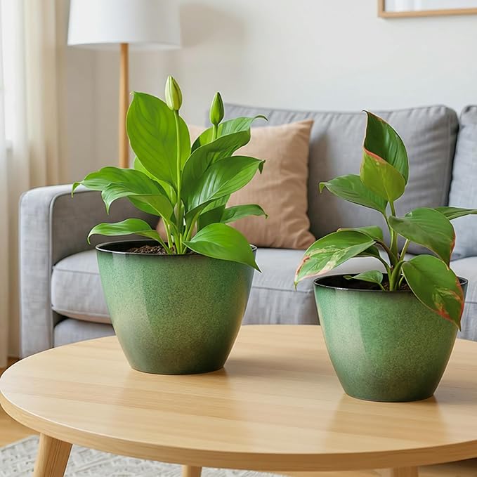 Vanslogreen 8 inch Flower Pots for Indoor Plants, 4 Pack Plastic Plant Pots for Plants with Drainage Holes, Indoor Planter for Outdoor Plants Garden Home Decor, Green