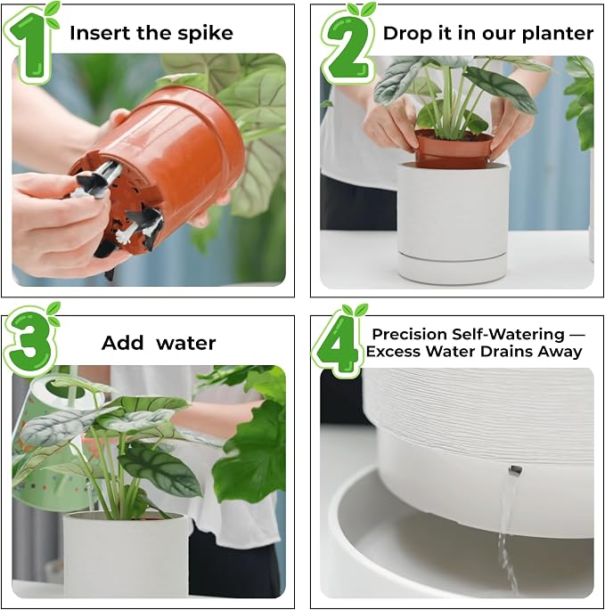 GreenShip Planter Set of 2 (9.8" & 7.8") – Cylinder Planters with Drainage Hole and Planter Saucer, Jun Porcelain Clay & Recycled Resin, Decorate Home,Office & Outdoor,White pots