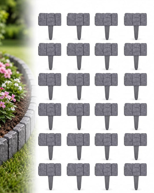 Faux Stone Garden Fence No Dig Landscape Edging Border (Gray, 20pcs) | Plastic interlocking panels create a rock look for flower beds lawn pathways patio yard decor