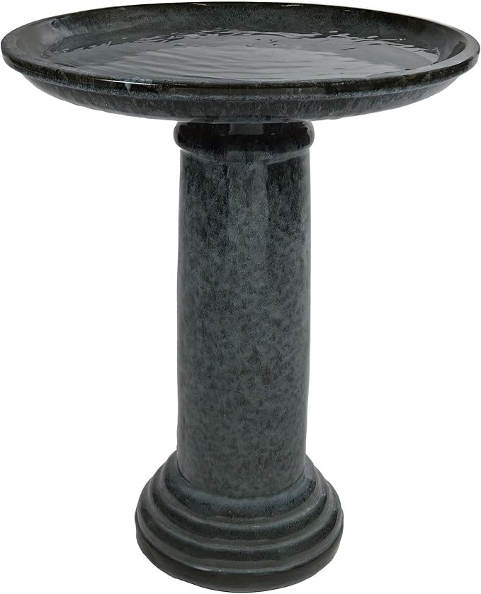 Sunnydaze Toulon Outdoor Ceramic Bird Bath - 24.5" H - UV- and Frost-Resistant - Glazed Bowl - Black Mist Glaze
