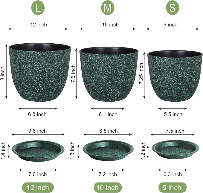 WSMKSZ Large Flower Pots 12/10/9 inch, Set of 3 Decorative Plastic Planters with Drainage Holes and Saucers for Garden House Plants, Plant Pots for Indoor Outdoor Plants, Black with Green Speckles