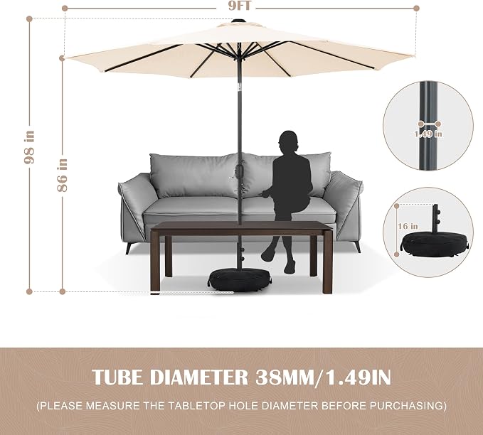 Sundale Outdoor 9FT Patio Umbrella with Sand Bag Umbrella Base, Outdoor Umbrella with Tilt and Crank, Beige