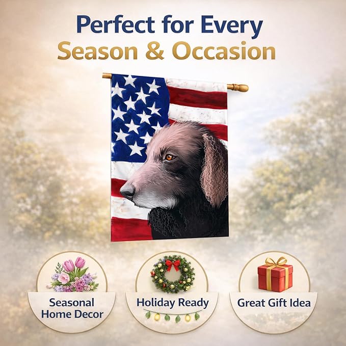 Caroline's Treasures CK6498CHF Curly-Coated Retriever American Flag House Flag Large Porch Sleeve Pole Decorative Outside Yard Banner Artwork Wall Hanging, Polyester, House Size, Multicolor