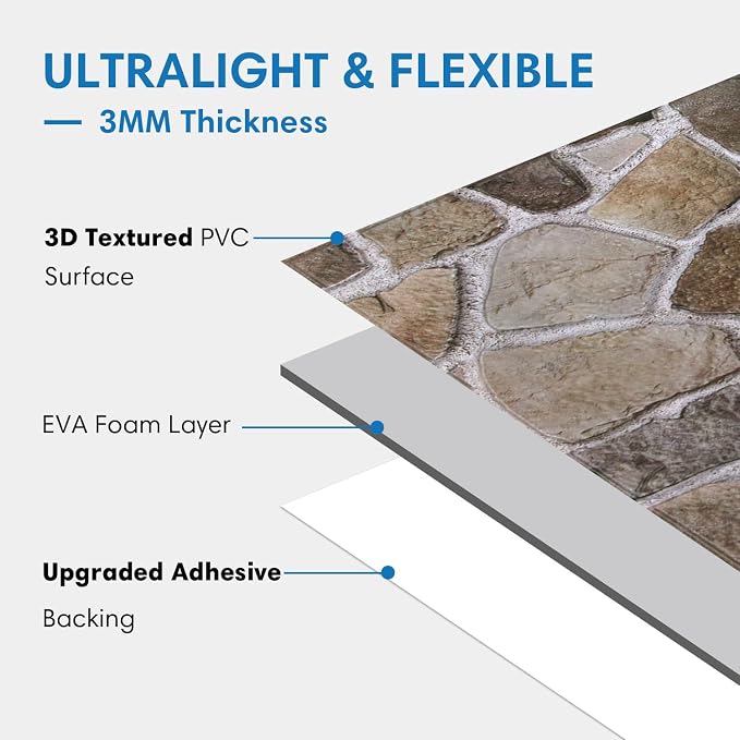 COMSTICKC 3D Faux Stone Wall Panels Peel and Stick Decorative Tiles, 12 Pcs 22.8" x 11.8", DIY UrltraLight PVC Fake Stone Rock Wall Covering for Kitchen, Living Room Background, Covers 22.48 sq.ft