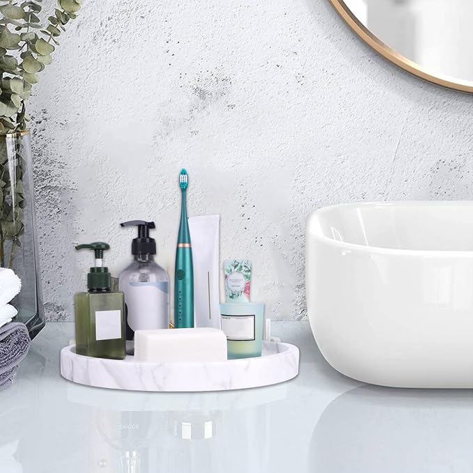 Natural Marble Decorative Tray for Bathroom Bedroom Kitchen Dresser, Large 10.6" Round Vanity Trays for Jewelry, Perfume, Cosmetic, Candle, Countertop Storage Organizer for Home Decor (WH037)