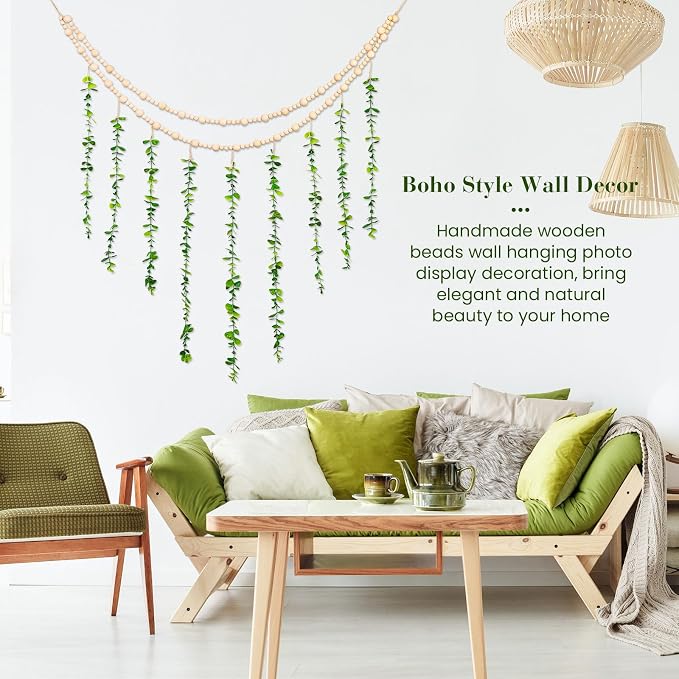 TXIN Hanging Photo Display Holder Wall Decor with Wooden Cards Clips, Boho Style Picture Frame Wood Beads Garland Artificial Eucalyptus Plant Home Decoration for Farmhouse Greenery Cubicle Bedroom
