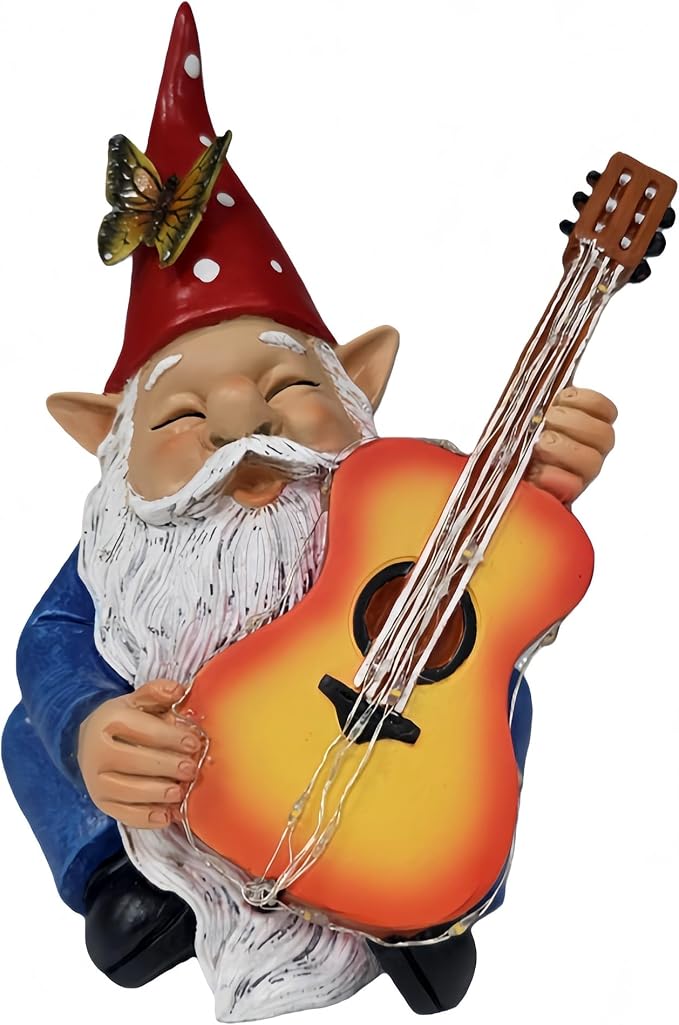 Funny Garden Gnome Statue Solar Hippie Gnomes Decorations Figurine Yard Ornament Gnome Playing Lighted Guitar LED Lawn Patio Porch Decor for Outdoor House Housewarming Gifts for Women