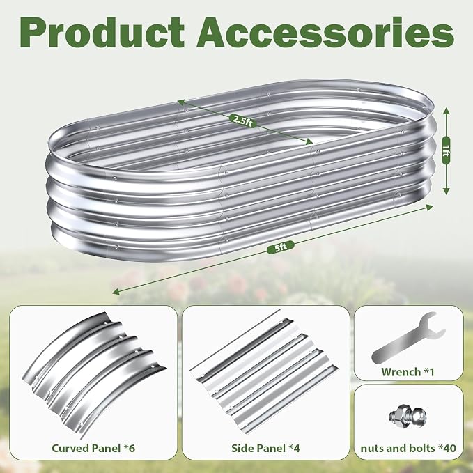 Galvanized Raised Garden Bed Outdoor, 5x2.5x1ft Metal Heavy Duty Planter Boxes for Gardening, Easy Assemble Small Oval Plant Container Kit for Vegetables, Flowers, Fruits, Silver, 1 Pack