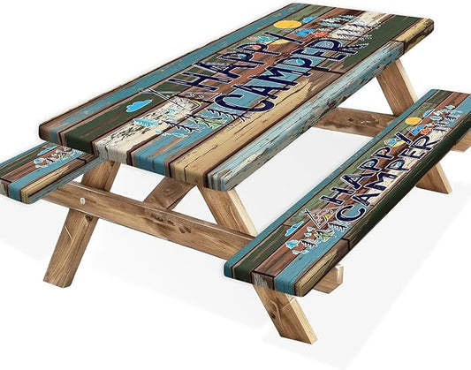 Picnic Table Cover with Bench Covers and Bag, Outdoor Wooden Camping Camper RV Wood Waterproof Windproof Tablecloth with Elastic Edges, Camping Accessories RV Gear Campers 72x30 Inches 3 Pcs Set