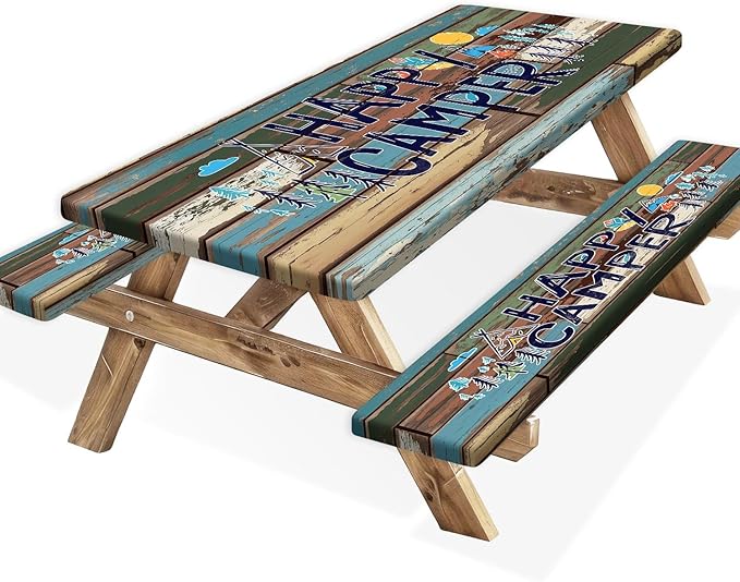 Picnic Table Cover with Bench Covers and Bag, Outdoor Wooden Camping Camper RV Wood Waterproof Windproof Tablecloth with Elastic Edges, Camping Accessories RV Gear Campers 96x30 Inches 3 Pcs Set